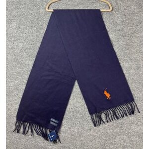 NWT Polo Ralph Lauren Navy Lambswool Scarf Orange Pony‎ Logo Fringe Preppy